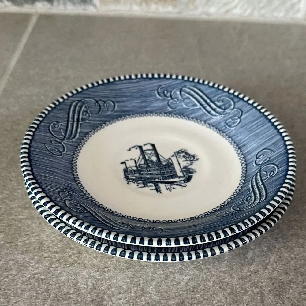 2 Currier and Ives Blue & White Steamboat 6